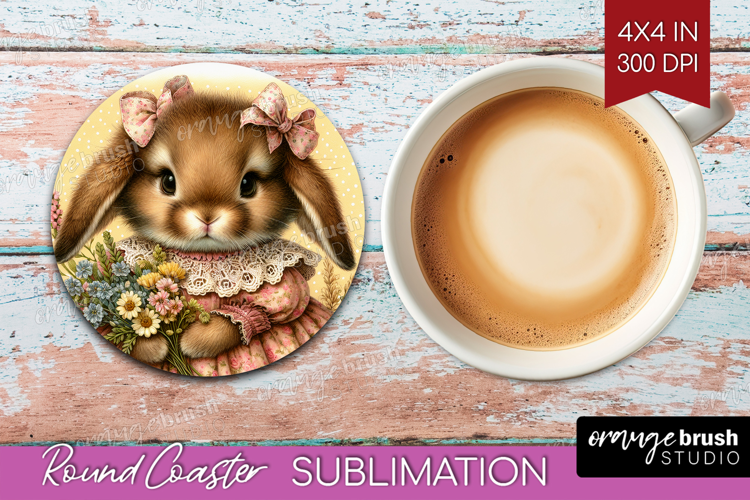 Vintage Bunny Round Coaster - Cute Bunny Coaster PNG
