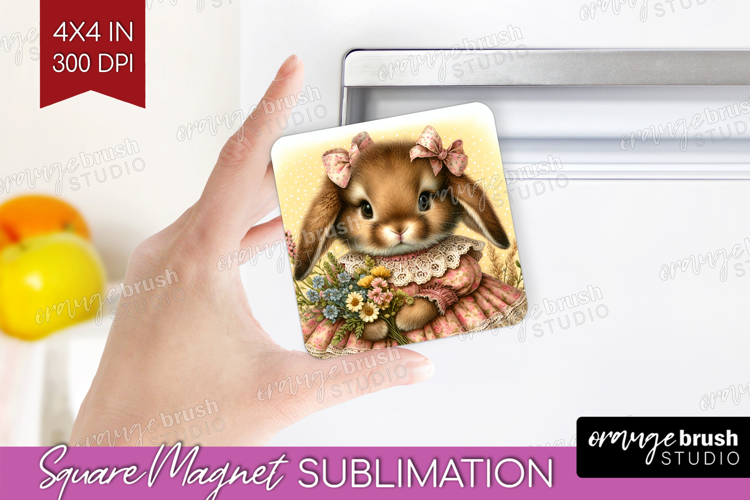 Vintage Bunny Magnet Sublimation - Cute Bunny Square Magnet