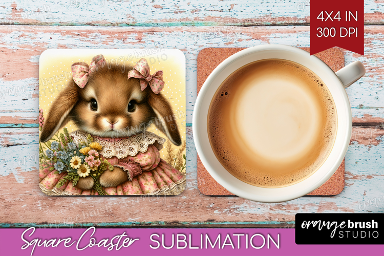 Vintage Bunny Square Coaster - Cute Bunny Coaster PNG