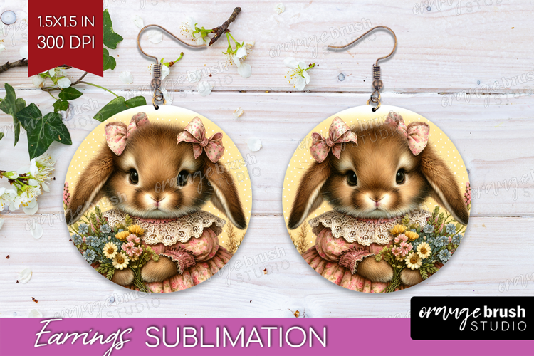 Vintage Bunny Round Earrings - Cute Bunny PNG Sublimation