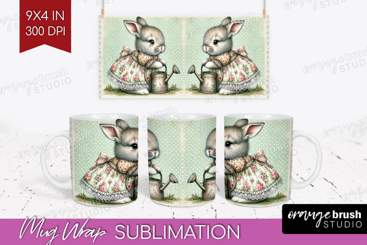 Vintage Bunny Mug Wrap - Cute Bunny Mug PNG Sublimation