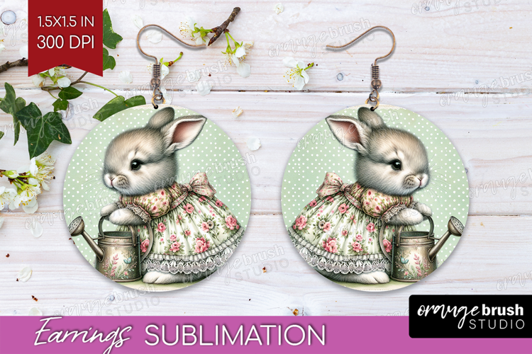 Vintage Bunny Round Earrings - Cute Bunny PNG Sublimation
