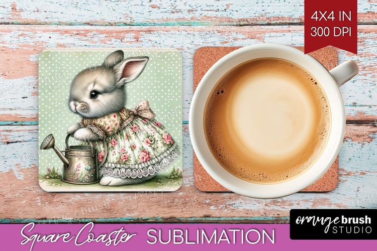 Vintage Bunny Square Coaster - Cute Bunny Coaster PNG