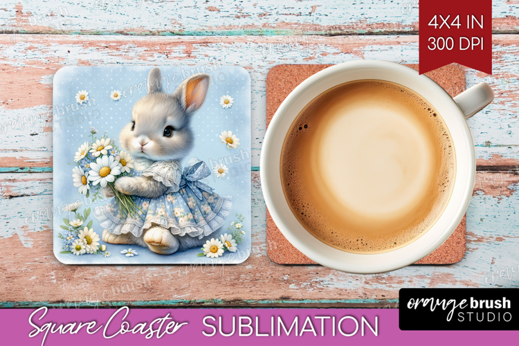 Vintage Bunny Square Coaster - Cute Bunny Coaster PNG