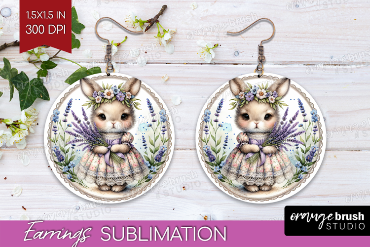 Vintage Bunny Round Earrings - Cute Bunny PNG Sublimation