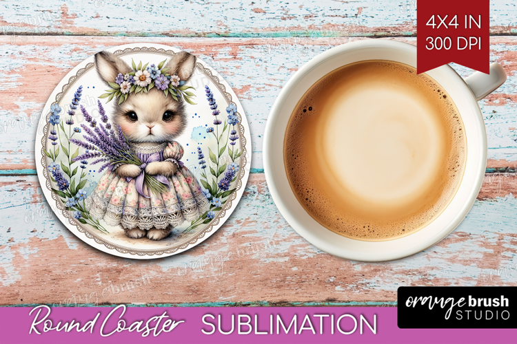 Vintage Bunny Round Coaster - Cute Bunny Coaster PNG