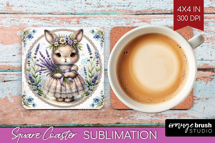 Vintage Bunny Square Coaster - Cute Bunny Coaster PNG