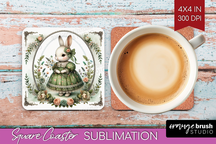 Vintage Bunny Square Coaster - Cute Bunny Coaster PNG
