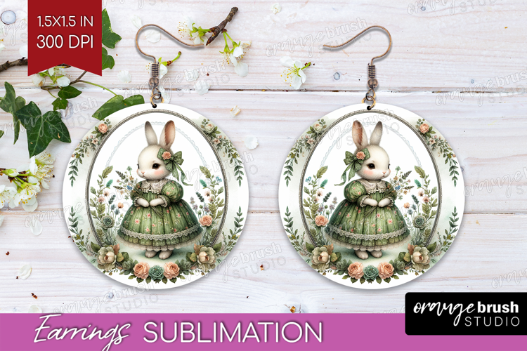 Vintage Bunny Round Earrings - Cute Bunny PNG Sublimation
