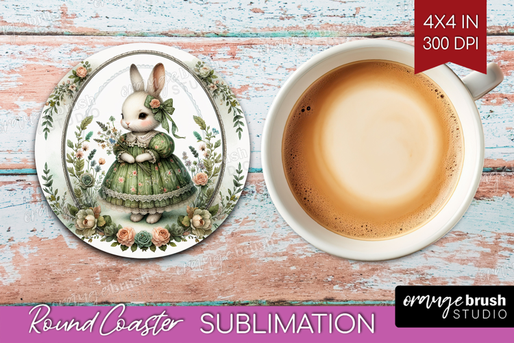 Vintage Bunny Round Coaster - Cute Bunny Coaster PNG