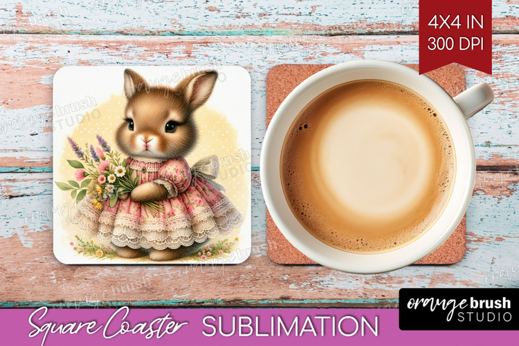 Vintage Bunny Square Coaster - Cute Bunny Coaster PNG