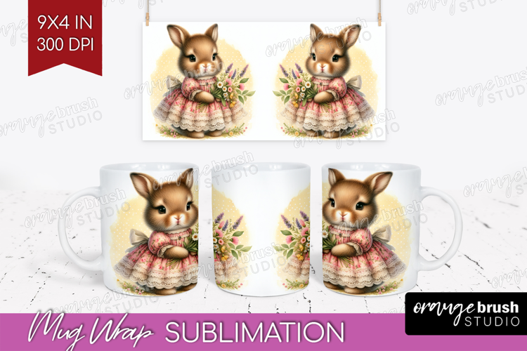 Vintage Bunny Mug Wrap - Cute Bunny Mug PNG Sublimation