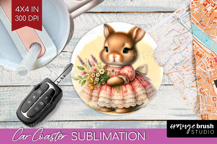 Vintage Bunny Car Coaster - Cute Bunny Coaster PNG