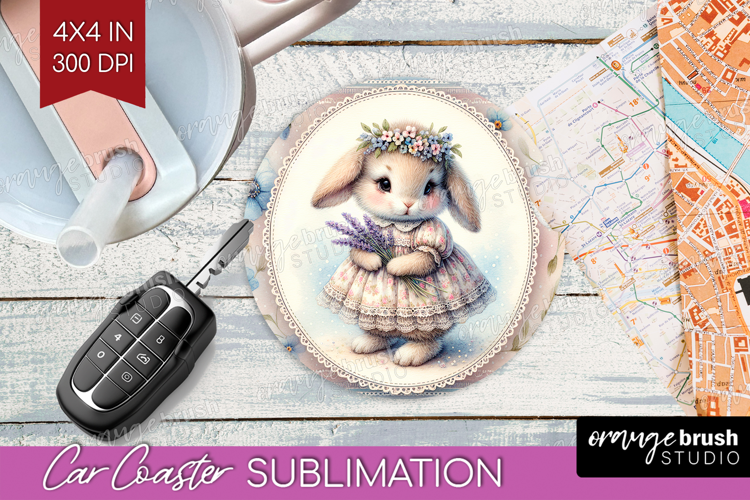 Vintage Bunny Car Coaster - Cute Bunny Coaster PNG