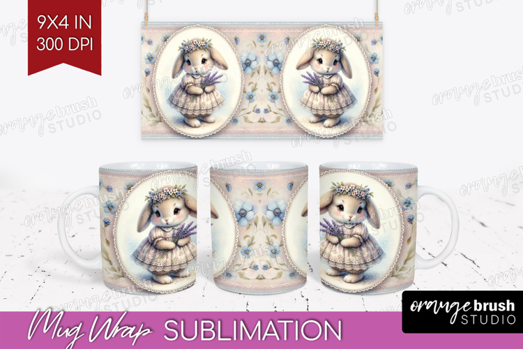 Vintage Bunny Mug Wrap - Cute Bunny Mug PNG Sublimation