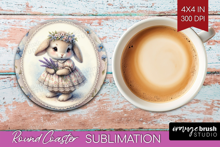 Vintage Bunny Round Coaster - Cute Bunny Coaster PNG