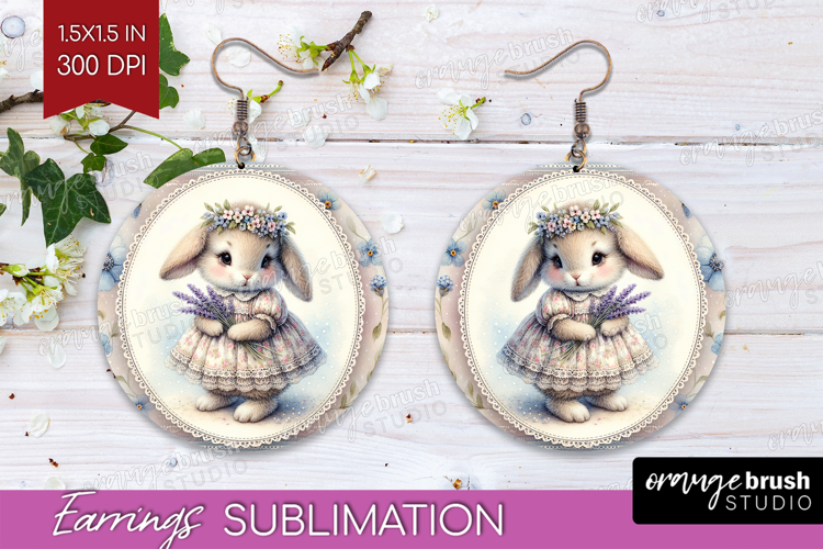 Vintage Bunny Round Earrings - Cute Bunny PNG Sublimation