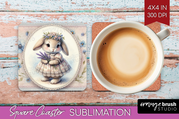 Vintage Bunny Square Coaster - Cute Bunny Coaster PNG