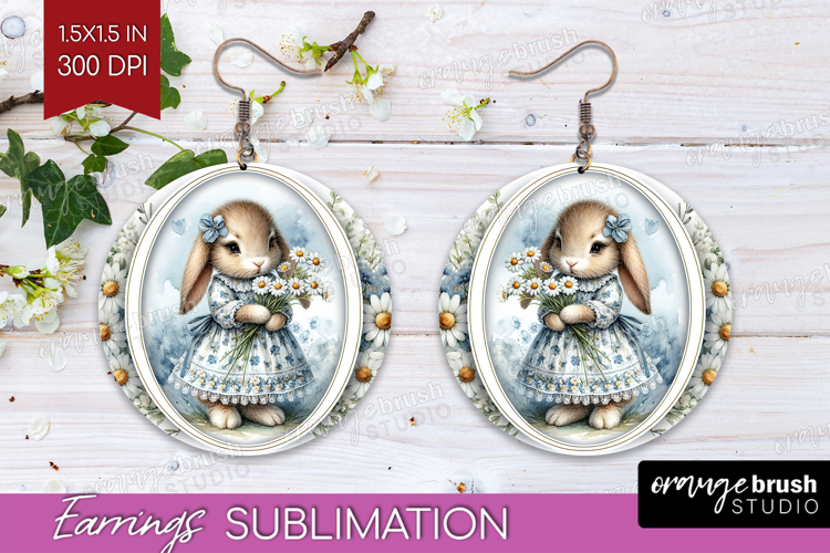 Vintage Bunny Round Earrings - Cute Bunny PNG Sublimation