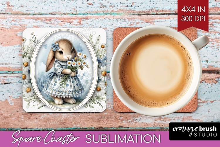 Vintage Bunny Square Coaster - Cute Bunny Coaster PNG