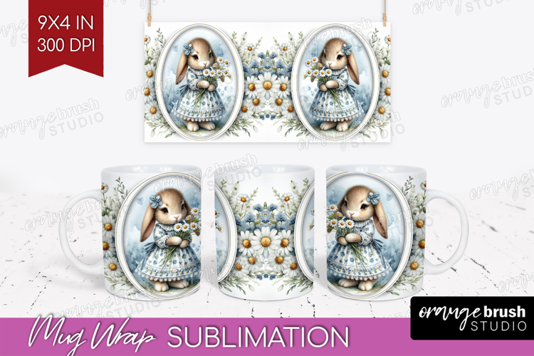 Vintage Bunny Mug Wrap - Cute Bunny Mug PNG Sublimation
