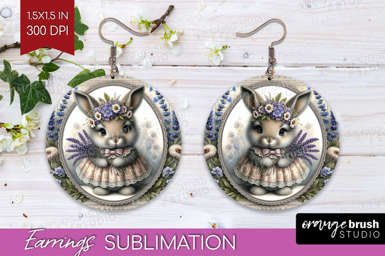 Vintage Bunny Round Earrings - Cute Bunny PNG Sublimation