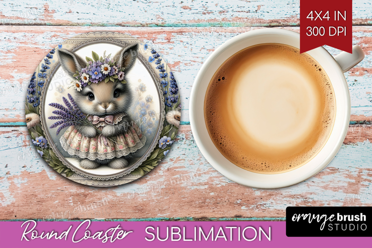 Vintage Bunny Round Coaster - Cute Bunny Coaster PNG