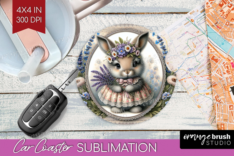 Vintage Bunny Car Coaster - Cute Bunny Coaster PNG