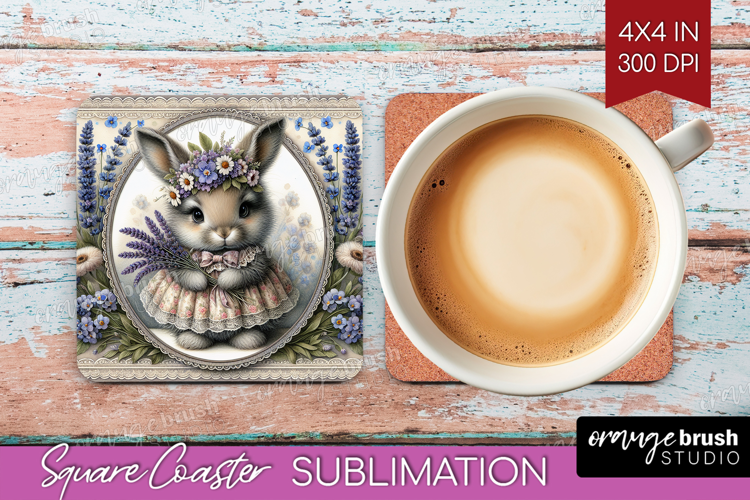 Vintage Bunny Square Coaster - Cute Bunny Coaster PNG