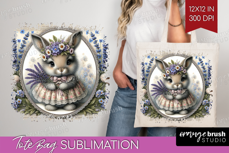 Vintage Bunny Tote Bag - Cute Bunny Tote Bag PNG Sublimation