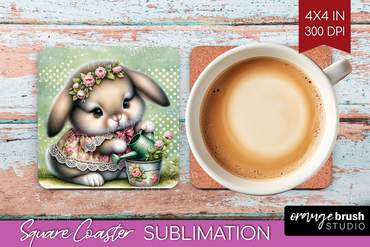 Vintage Bunny Square Coaster - Cute Bunny Coaster PNG