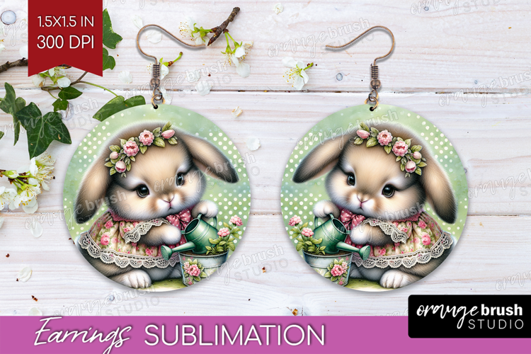 Vintage Bunny Round Earrings - Cute Bunny PNG Sublimation