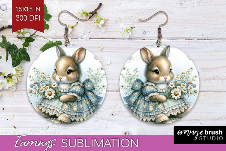 Vintage Bunny Round Earrings - Cute Bunny PNG Sublimation