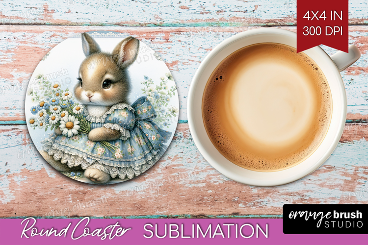Vintage Bunny Round Coaster - Cute Bunny Coaster PNG