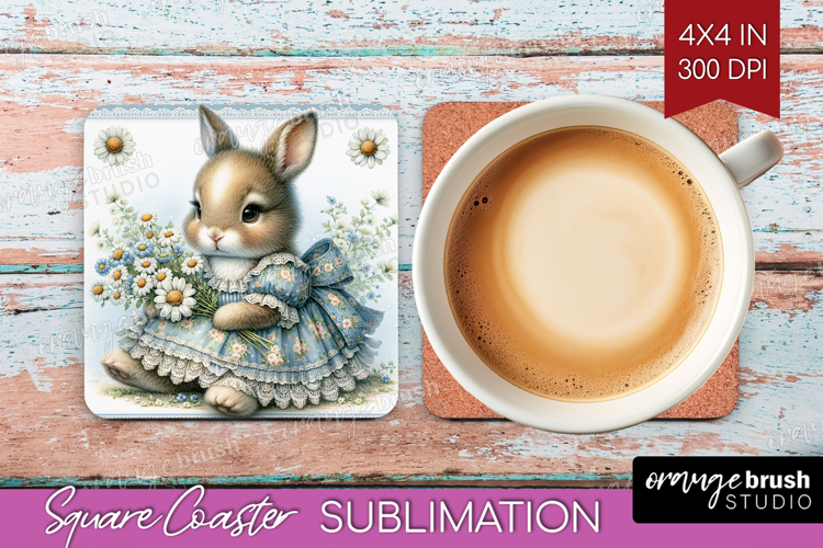 Vintage Bunny Square Coaster - Cute Bunny Coaster PNG