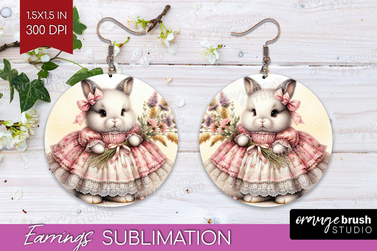 Vintage Bunny Round Earrings - Cute Bunny PNG Sublimation