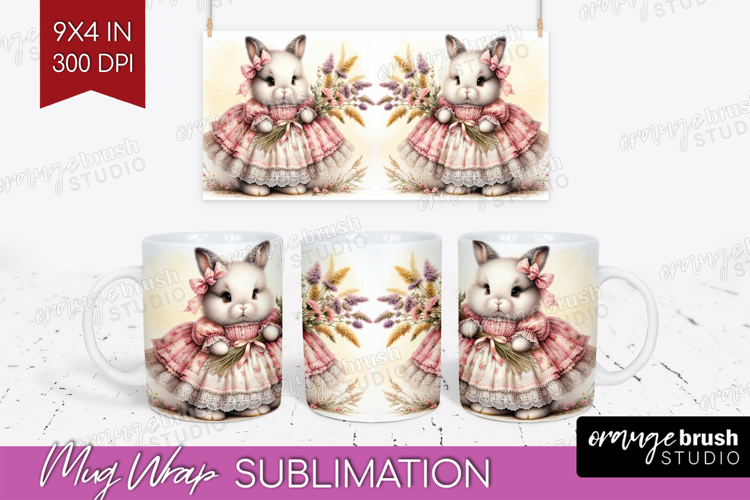 Vintage Bunny Mug Wrap - Cute Bunny Mug PNG Sublimation