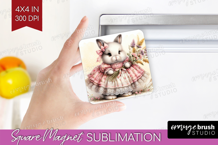 Vintage Bunny Magnet Sublimation - Cute Bunny Square Magnet