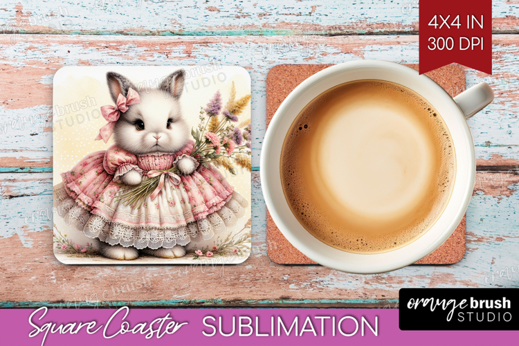 Vintage Bunny Square Coaster - Cute Bunny Coaster PNG