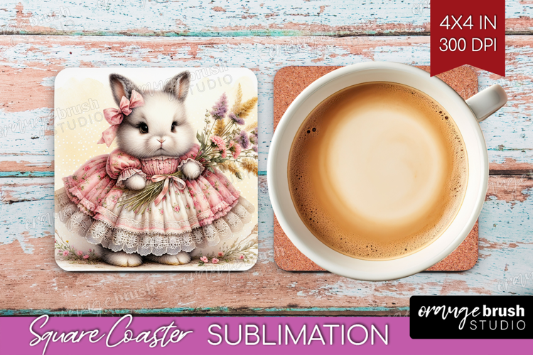 Vintage Bunny Square Coaster - Cute Bunny Coaster PNG