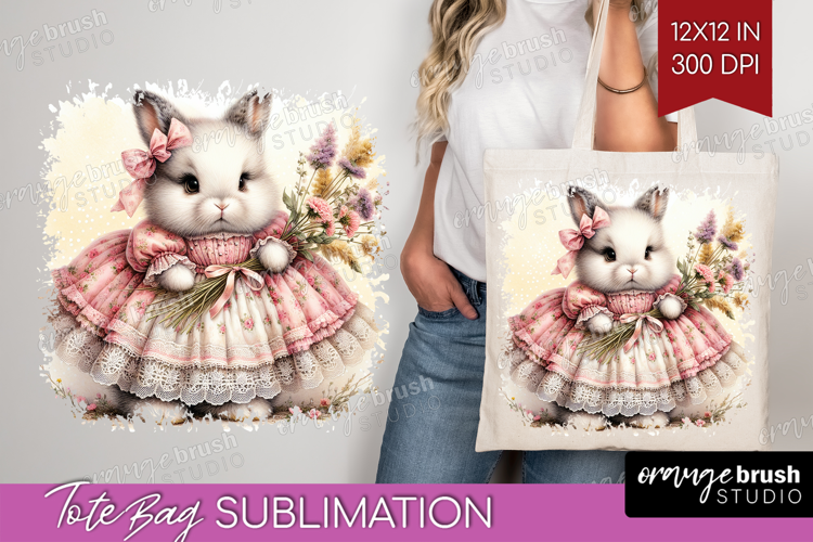 Vintage Bunny Tote Bag - Cute Bunny Tote Bag PNG Sublimation