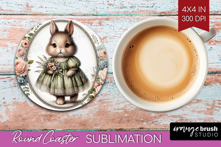 Vintage Bunny Round Coaster - Cute Bunny Coaster PNG