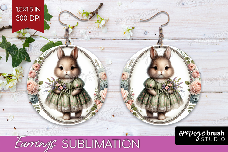 Vintage Bunny Round Earrings - Cute Bunny PNG Sublimation