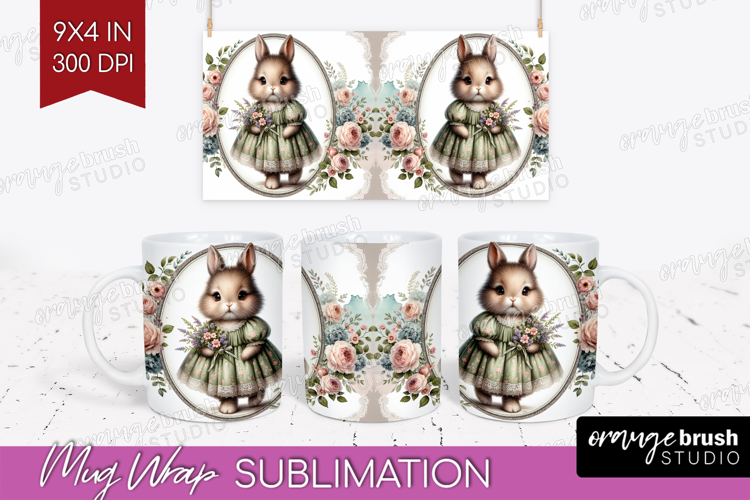 Vintage Bunny Mug Wrap - Cute Bunny Mug PNG Sublimation