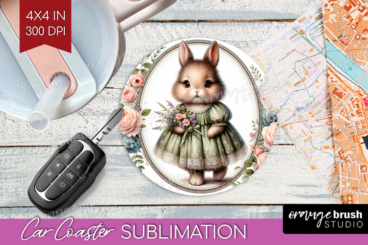 Vintage Bunny Car Coaster - Cute Bunny Coaster PNG