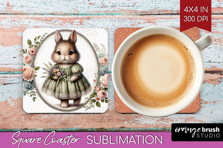 Vintage Bunny Square Coaster - Cute Bunny Coaster PNG
