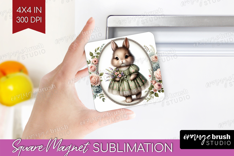 Vintage Bunny Magnet Sublimation - Cute Bunny Square Magnet