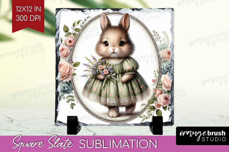 Vintage Bunny Slate PNG - Cute Bunny Square Slate