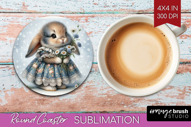 Vintage Bunny Round Coaster - Cute Bunny Coaster PNG