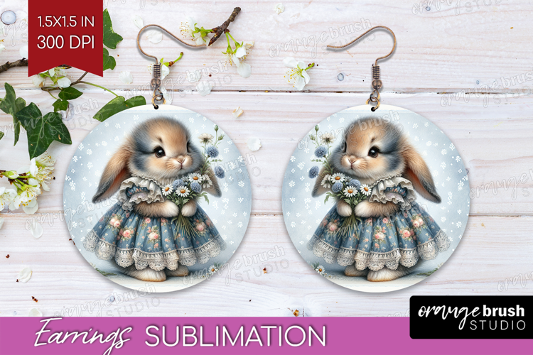 Vintage Bunny Round Earrings - Cute Bunny PNG Sublimation